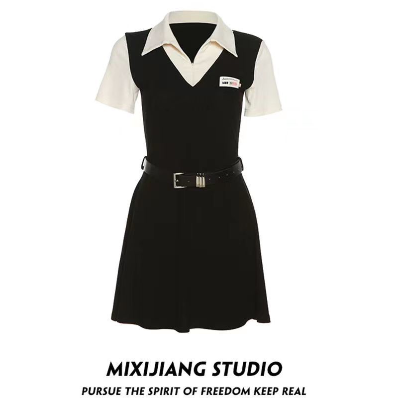 Red Musim Panas Gaya Amerika Rapi Polo Kerah Palsu Gaun Dua Potong Wanita All-Match Splicing Pinggang Tinggi Rok Pendek A-line Tide