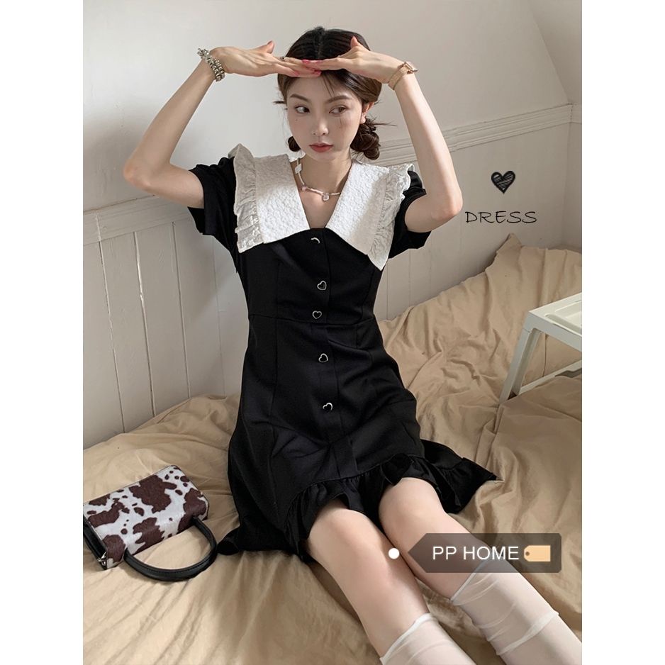 Red Hepburn style black design sense French puff sleeve doll collar short sleeve waist dress female