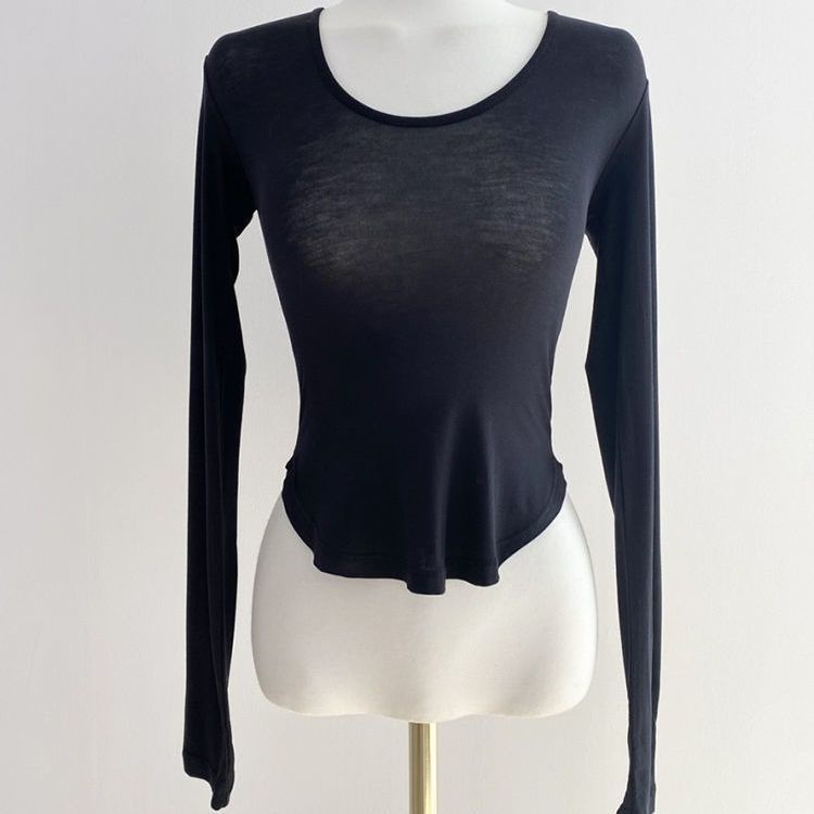 Red Raksasa seksi ~ U-leher menunjukkan dada besar lengan panjang t-shirt wanita bagian tipis mikro-permeabel tubuh ketat menunjukkan bagian dalam kemeja top musim gugur