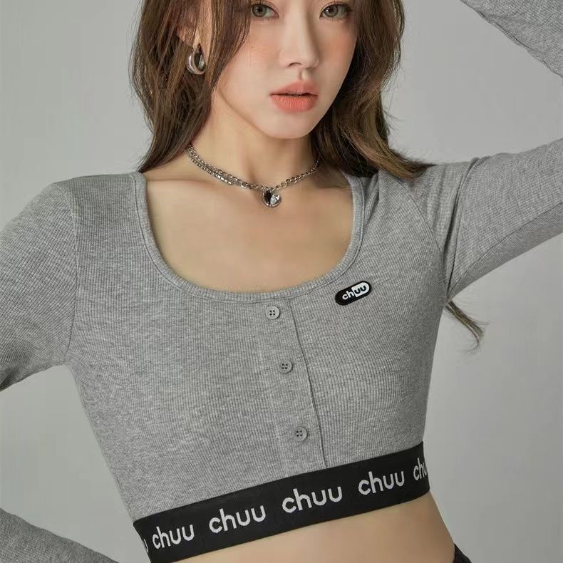 Red CHUU Bergaris Manis dan Pedas Kepribadian T-shirt Pendek Wanita 2022 Musim Gugur Baru Bordir Cherry Kecil Pendek Top