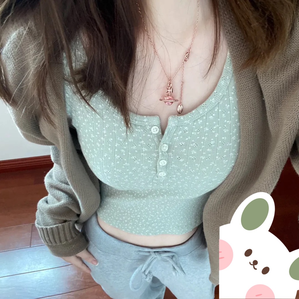 Red BM kapas murni Perancis bunga hijau pendek top empat kancing T-shirt wanita senior temperamen ramping atasan wanita ramping