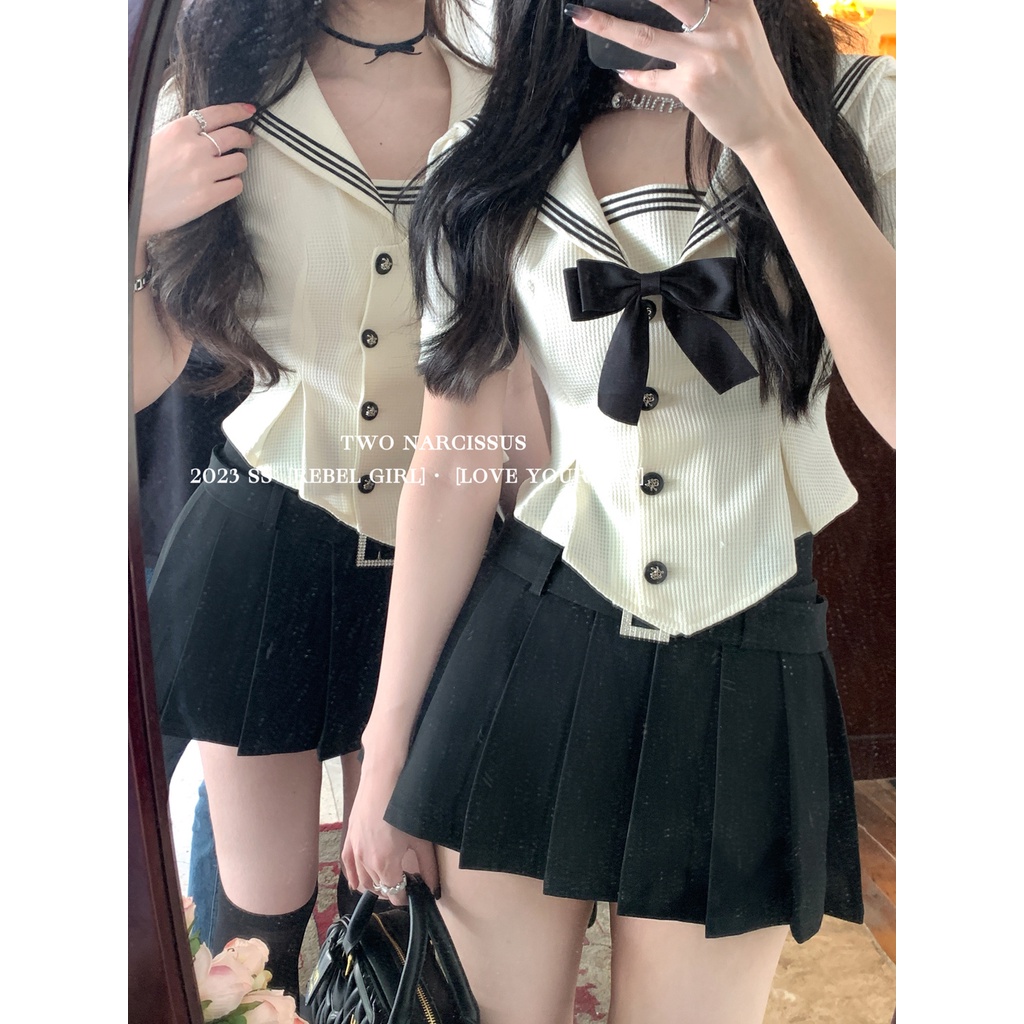 Red American college style hot girl jk uniform sailor suit navy collar top high waist lipit skirt short skirt two-piece female summer