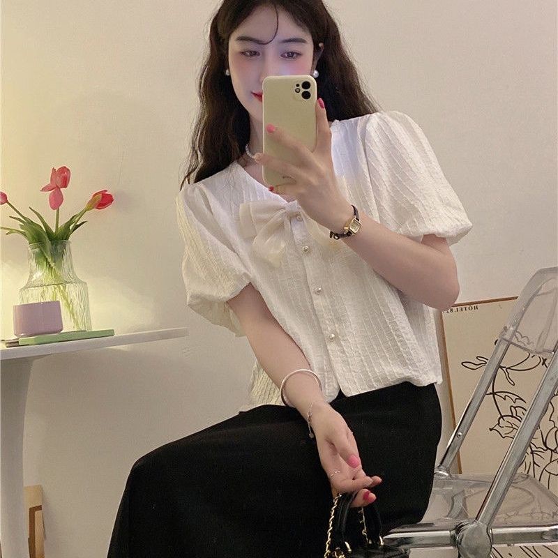 Red Ikatan simpul kemeja perempuan rasa desain ceruk musim panas gaya Korea baru lembut dan manis engah lengan pendek sifon top