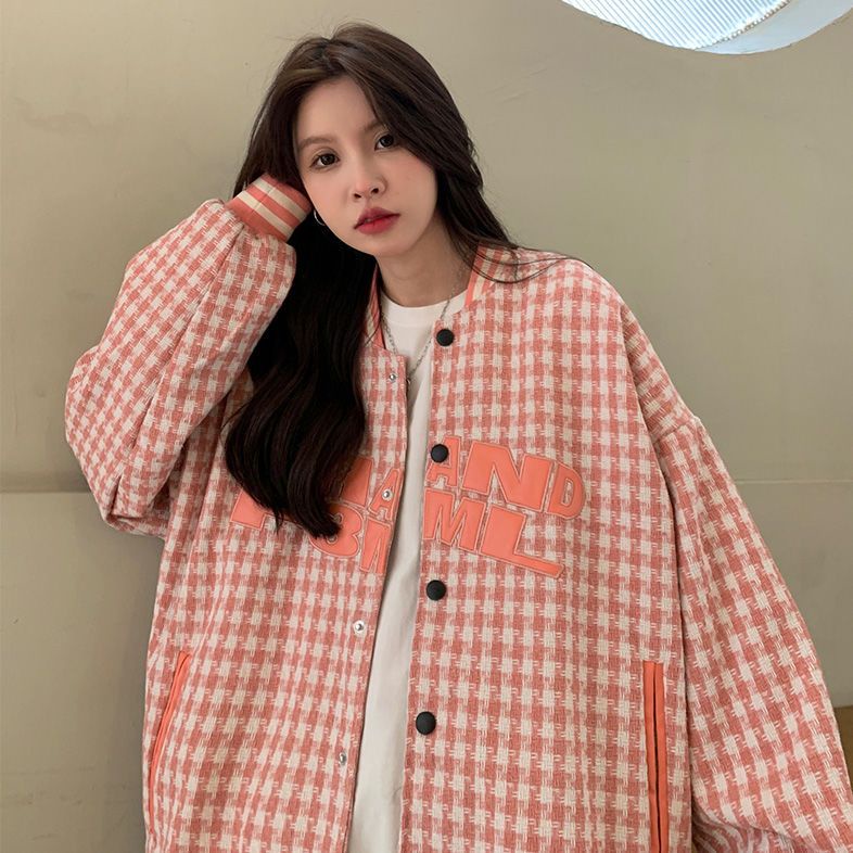 Red 2023 Musim Semi Tide Merek Cenderung LOGO Bisbol Jaket National Tide Street Houndstooth Fried Street Mantel Pasangan