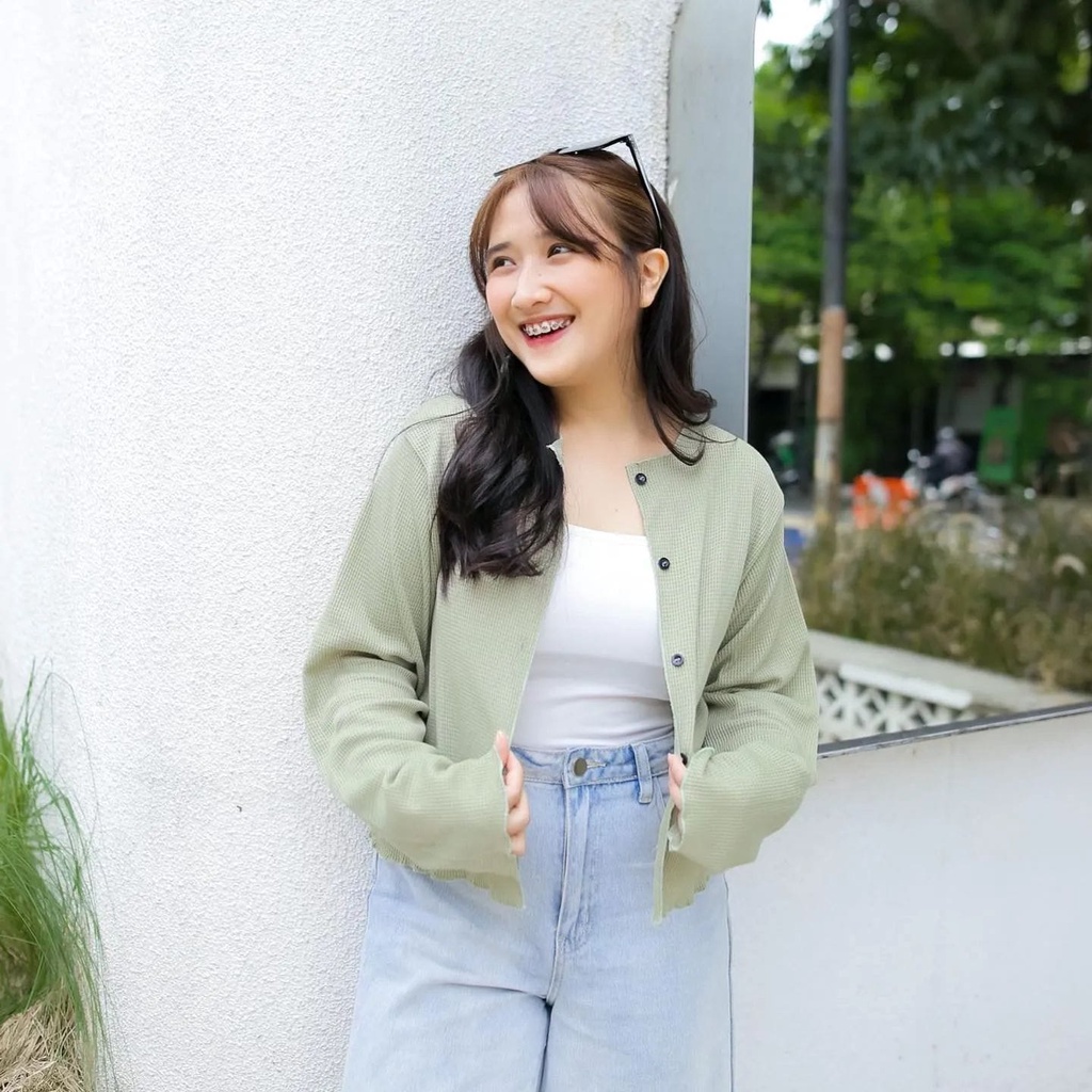 Cardigan Rajut Crop Wafle Wanita