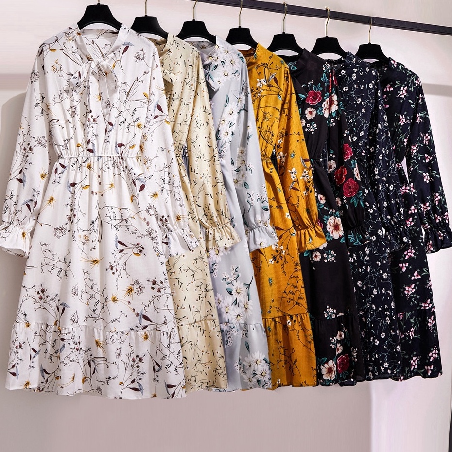 Terbaru Warna solid hitam merah Wanita midi dress korea lengan panjang Muslimah motif bunga panjang 