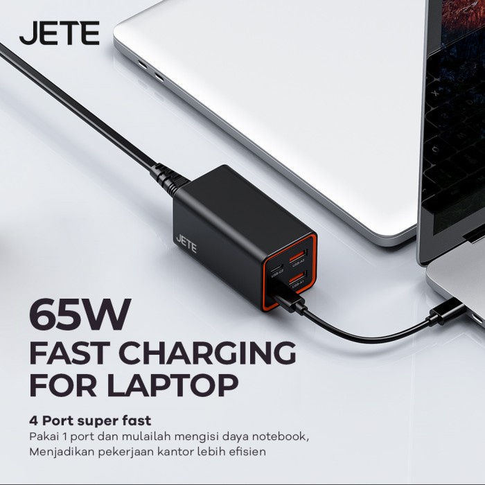 Terlaris Jete E6 Adapter Fast Charger Gan 65W + 4 Port (Dual Usb & Dual Typec)