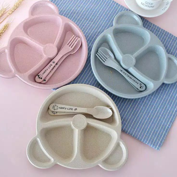"LT.1Jn23ғ" Piring makan anak bentuk karakter hewan dengan sendok garpu