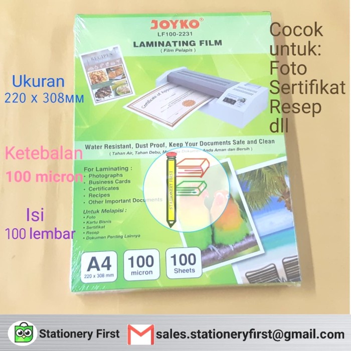Terlaris Laminate Joyko Laminating Film/ Plastik Laminating A4 100 Micron