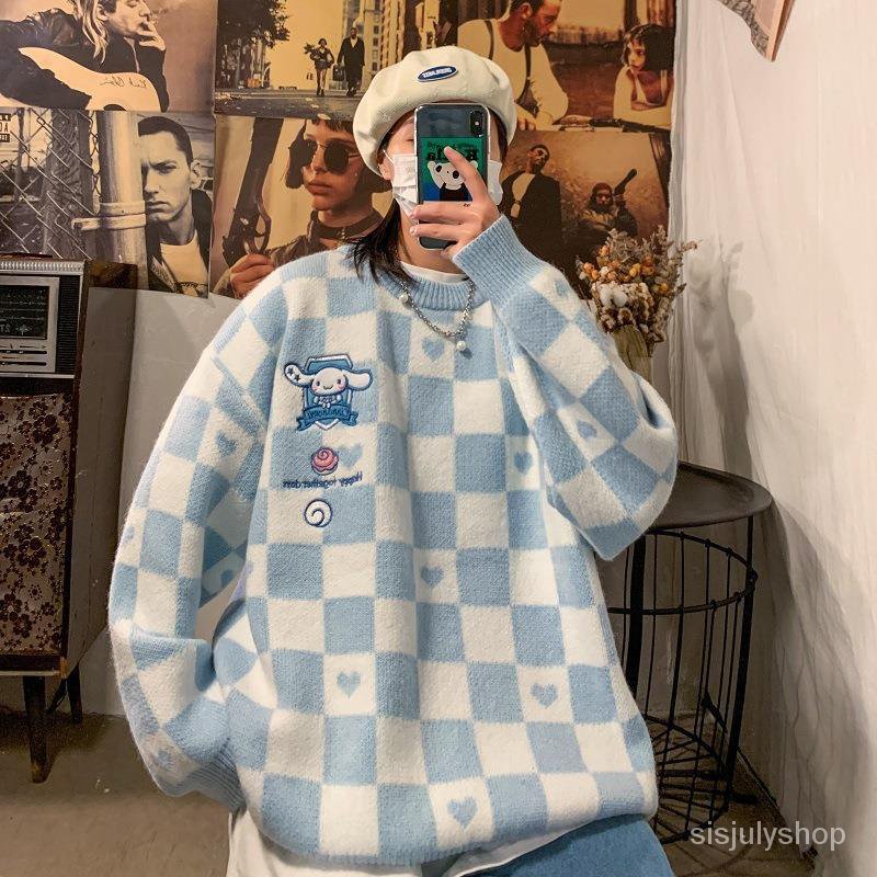 [✅BISA COD] #Sisjuly# Jumper wanita / jumper kotak-kotak wanita / sweater rajutan biru gaya pergurua