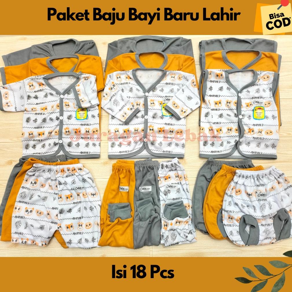 Paket Lahiran 18Pcs, Setelan Baju Bayi Baru Lahir Kekinian Motif Animal Kombinasi Warna Abu Dan Must