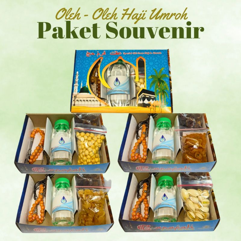 

Paket oleh oleh/souvenir makanan box haji umroh 25pcs 50pcs 100pcs 200pcs 1 set lengkap komplit tasbih mawar, air zam zam+botol+stiker, kacang arab, kacang fustuk, kurma khalas, kismis sukan/simin