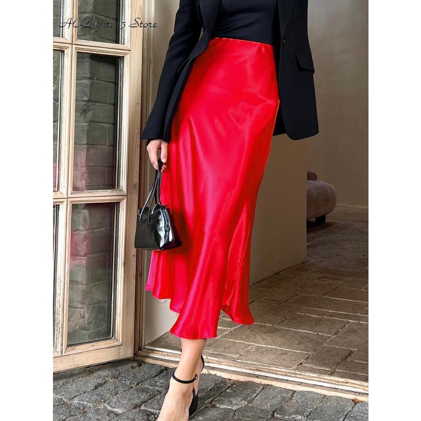 Rok Satin Wanita Musim Panas 2023 Rok Panjang Kantor Merah Panjang Menengah Pinggang Tinggi Mengkila