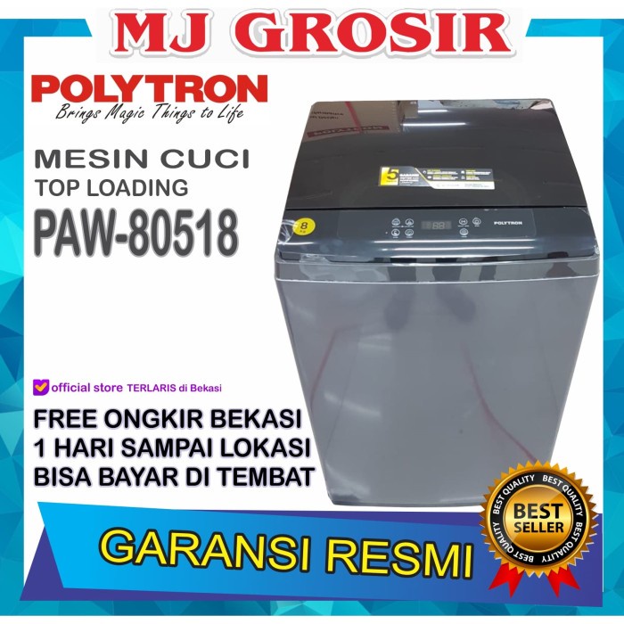 MESIN CUCI 1 TABUNG POLYTRON PAW 80518 TOP LOADING 8 KG ZEROMATIC