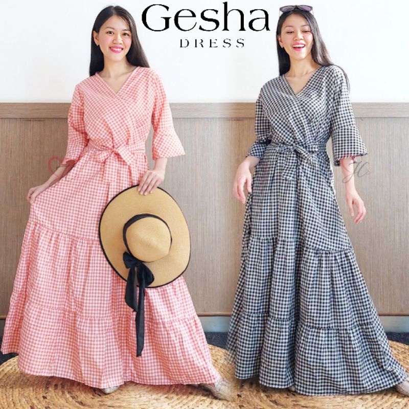 Dress Maxy Cayla Fashion Dres Wanita Gaun Geyla Katun Kotak Plaid Maxi Panjang Lengan Pendek Leher V