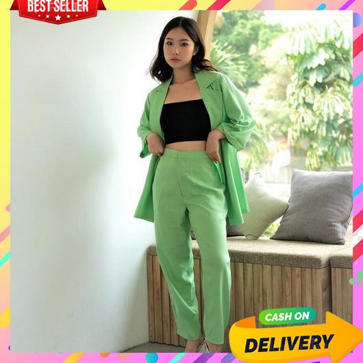 One Set Blazer Wanita Kerja Import Korean Style Jumbo Kemeja Cewe Bahan Adem Outer Kondangan Untuk O