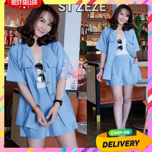 One Set Blazer Wanita Kerja Import Korean Style Jumbo Kemeja Cewe Bahan Adem Outer Kondangan Untuk O