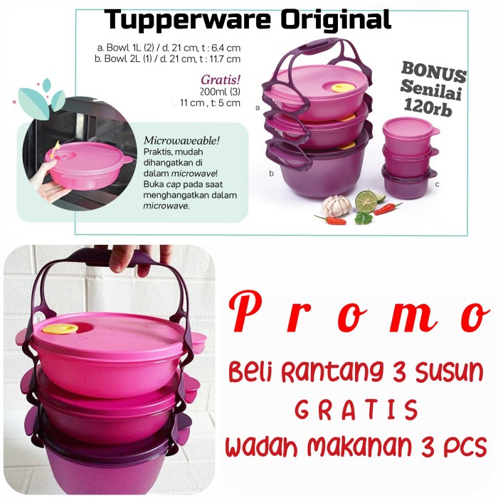 Terlaris Tupperware Rantang 3 Susun Gratis 3 Pcs Toples Makanan