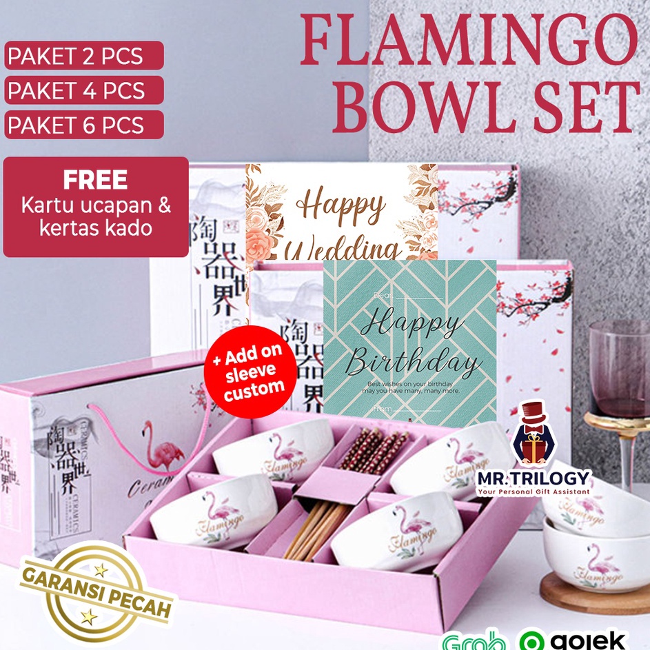 12.12 Terlaris Hampers Flamingo Mangkok Jepang Keramik Set Alat Makan Sumpit Aestetik Kekinian Soven