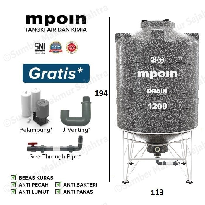 Tangki Air / Tandon / Toren MPOIN PLUS DRAIN 1200 Liter