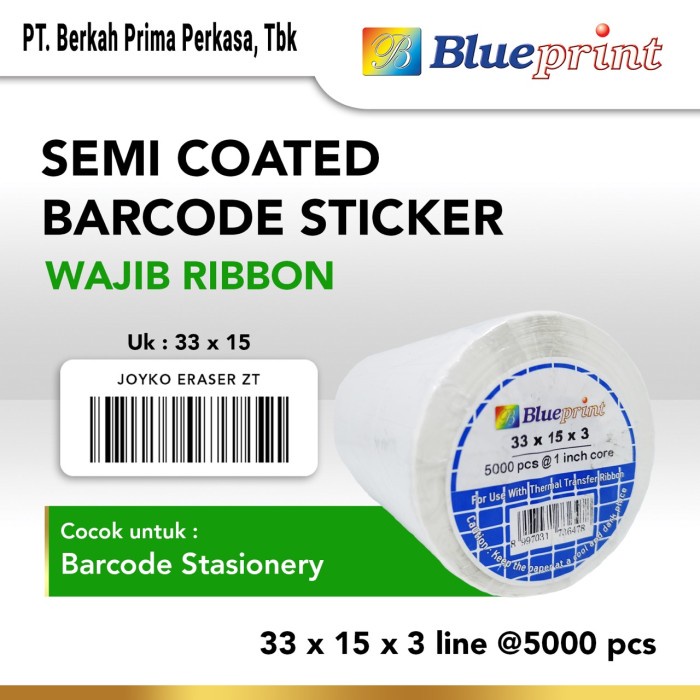 

Terlaris Sticker Label Barcode 33X15Mm 3 Line Semi Coated Blueprint Isi 5000Pcs