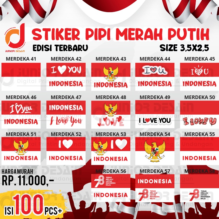 

HOT 100pcs Tempelan Sticker / stiker Pipi Bendera merah Putih