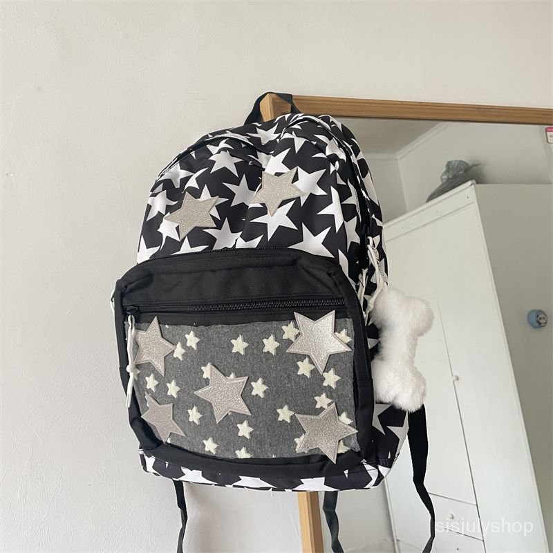 [✅BISA COD] #Sisjuly# Tas Y2K wanita / tas bahu hitam splicing bintang retro baru / tas bahu hitam gaya kampus / tas ransel perjalanan berkapasitas besar mahasiswa