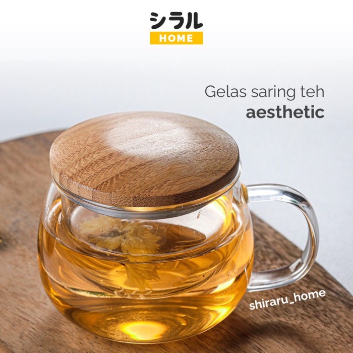Best Seller Gelas Teh Saringan Kaca Tutup Kayu Cangkir Teko Saring Aesthetic