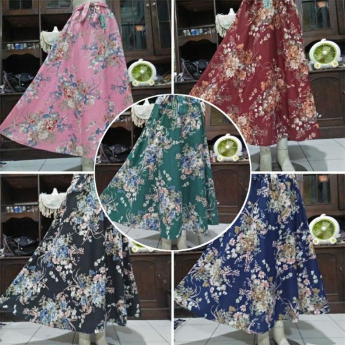 ROK PAYUNG PANJANG MUSLIMAH MOTIF BUNGA FLOWERY UMBRELLA SKIRT PEACH