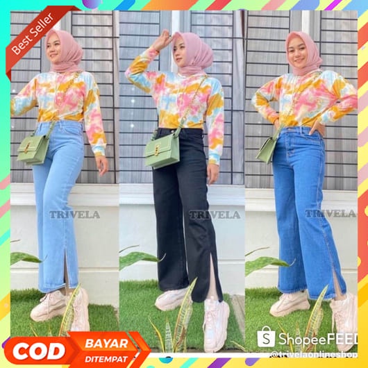 Celana Kulot  Wanita 2023 Korea Style Boyfriend Hw Terbaru t Kancing Tebal Model Bawahan Lepis Perem