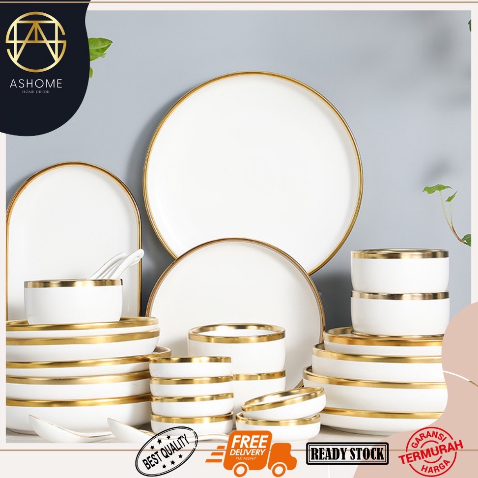 ー bl ASHOME Piring Makan Keramik Putih Gold / Piring Putih Keramik List Gold / Mangkuk Keramik Putih