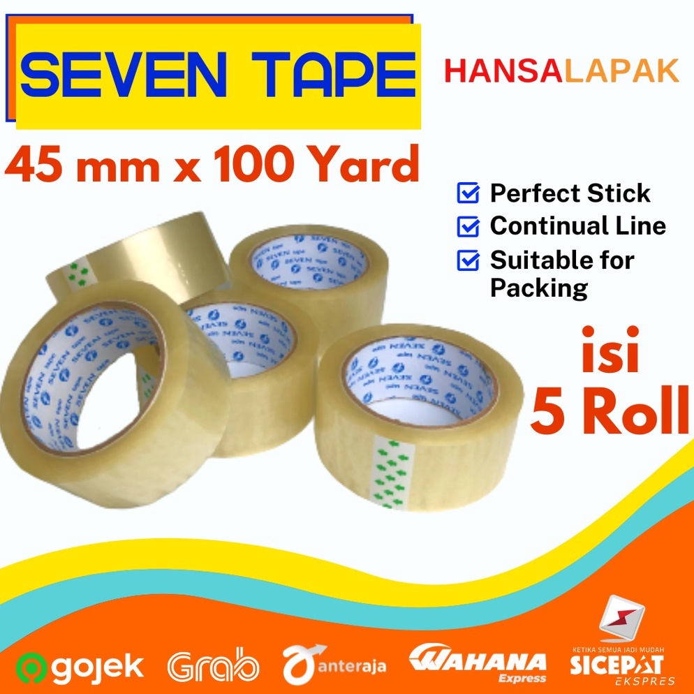 

Model terkini 5 roll Lakban 45 mm x 100 Yard Seven Tape 9PS