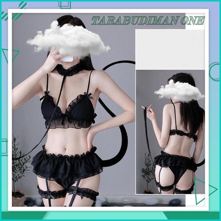 SET LINGERIE WANITA SEXY COSPLAY BABYDOLL LIPIT TEDDY BRA DAN THONGS DENGAN KALUNG BIKINI MALAM PAKA