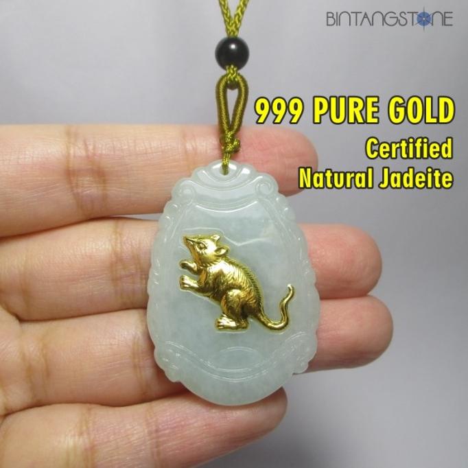 ] Liontin Giok Emas 24K Asli Shio Tikus Jadeite Burma Type A Fei Cui Rat