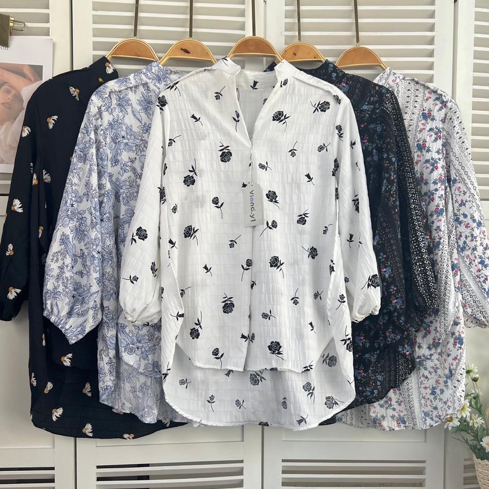 Blouse Bunga Floral Wanita Lengan Panjang Import Korea Style / Kemeja Cewek 123