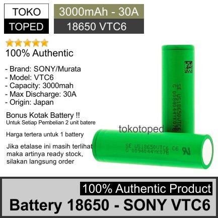 Terlaris Authentic Battery 18650 Sony Vtc6 3000Mah 30A Original Baterai Vtc 6