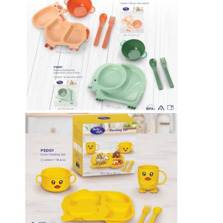 ❂Pasti Murah☈ WS89U Baby Safe Feeding Set Duck Elephant Giraffe - BabySafe Piring Sendok Mangkok Gel