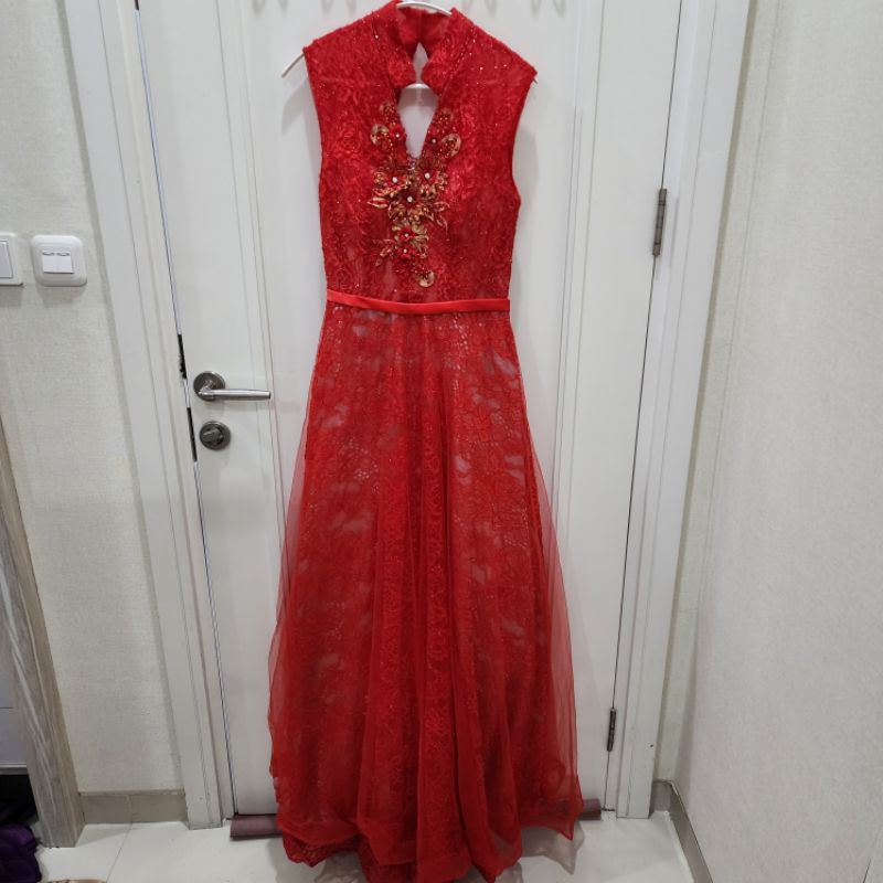 dress merah sangjit gaun merah sangjit elegant