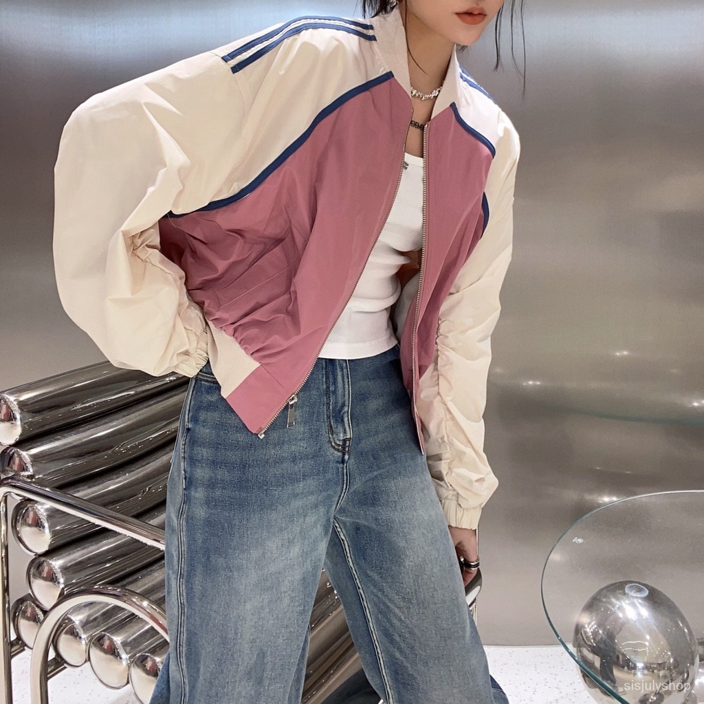 Jaket wanita / jaket pemblokiran warna pendek baru wanita / jaket bisbol longgar wanita / jaket pene