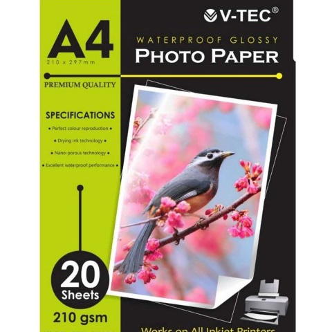 

VTEC Photo Paper Glossy A4 210 gsm V-Tec Kertas Foto Waterproof Vtec ➡Diskon