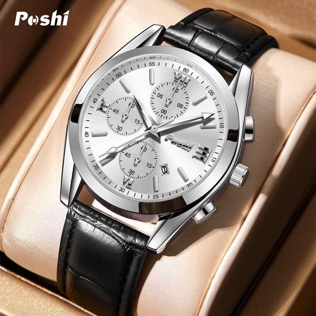 POSHI Original Jam Tangan Pria Top Brand Mewah Pria Jam Tangan Kuarsa Tahan Air Fashion Bahan Kulit 