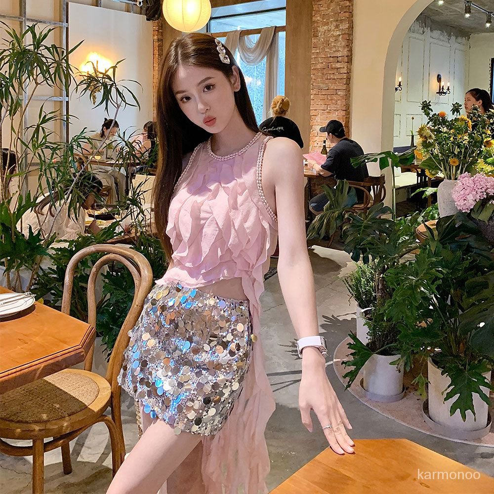 Set rompi tanpa lengan angin lembut wanita paket baru rok setengah badan rok setengah badan set dua 