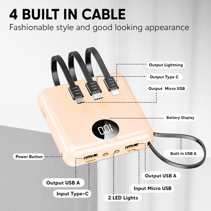 UNEED Powerbank UPB234 10000mAh Built-in Cable Fast Charging 2.1A - White