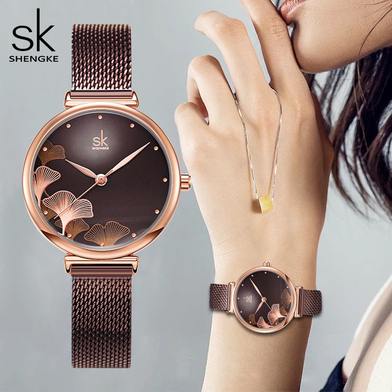 ❤Shengke Watch For Women Creative Brown Mesh Band Women Watch Japanese Quartz Reloj Mujer Fashion De