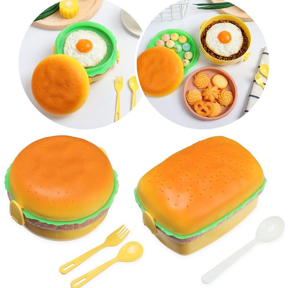 ➮ Tempat Bekal Hamburger / Lunch Box Hamburger Makan Unik Sendok Garpu Kotak Makan Anak 457 ⁑ ✧ ・