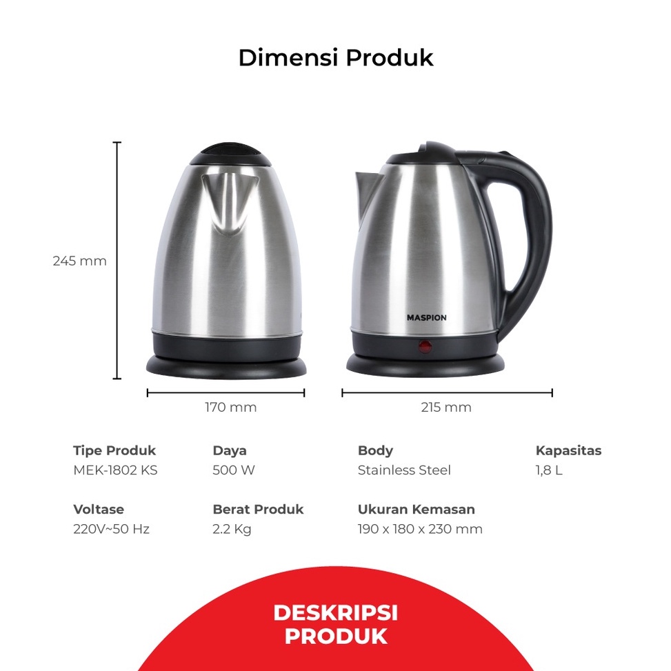 ➵ Teko Listrik Maspion 1,8 Liter MEK-1802 KS s Kualitas Premium ★★★.