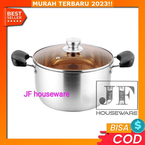 Panci Sup Kuping Dengan Tutup Kaca Premium Memasak Sop Sayur - 20 Cm Panci Masak Sop Stainless Tutup