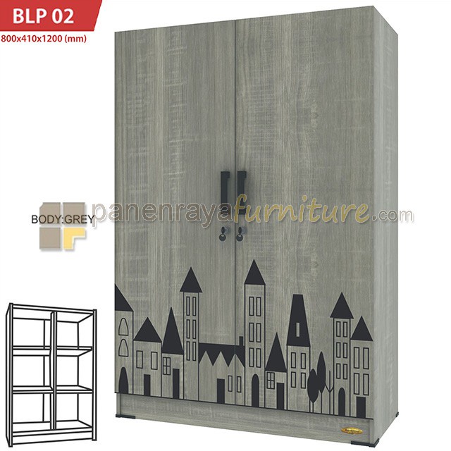 Lemari Pakaian / Lemari Baju 2 Pintu ROMARO BLP 02 (Sonoma Oak - Grey)