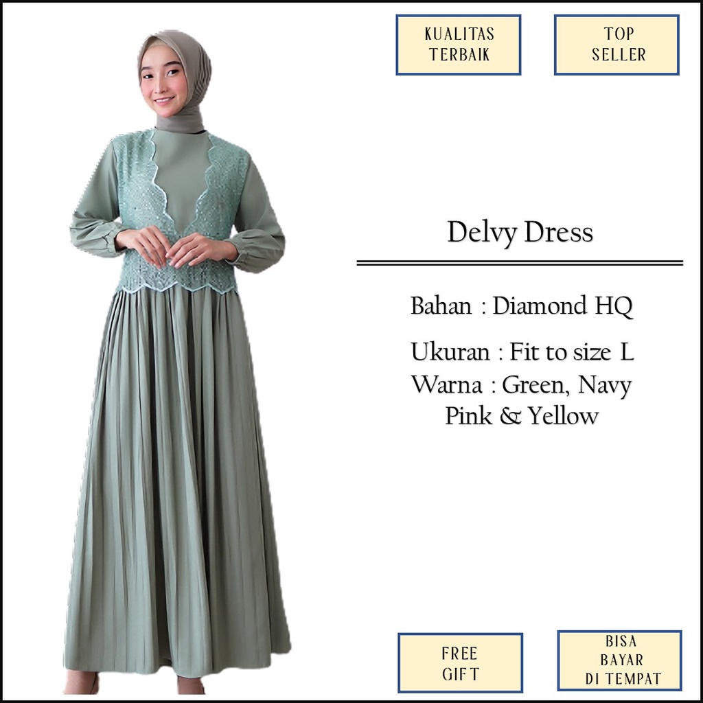 Gamis Wanita Muslim Pesta Mewah Polos Kombinasi Plisket Tulle Warna Hijau Navy Pink Kuning Size L M1