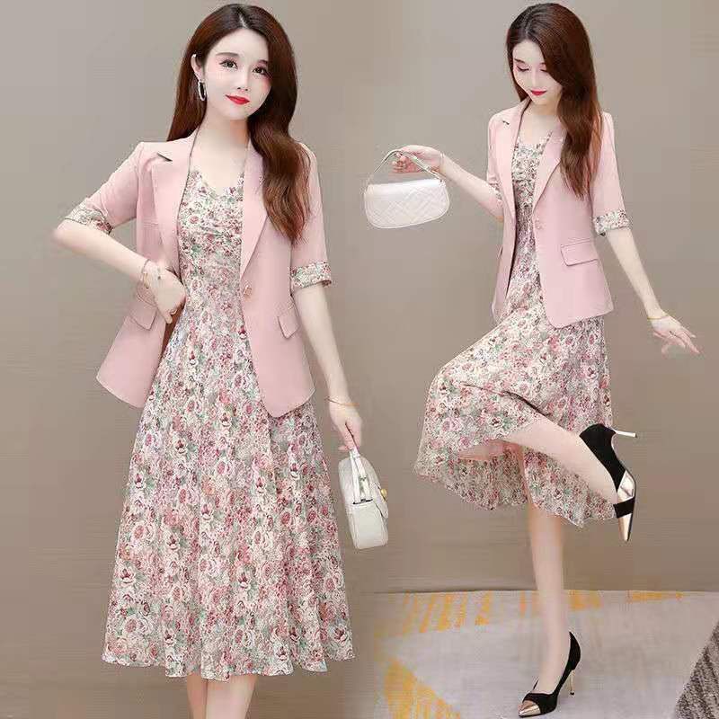 ☜✽Wanita Tipis Blazer Bunga Gaun Set 2022 Musim Panas Baru Suit Jaket Mid Rok Dua Potong France Vint